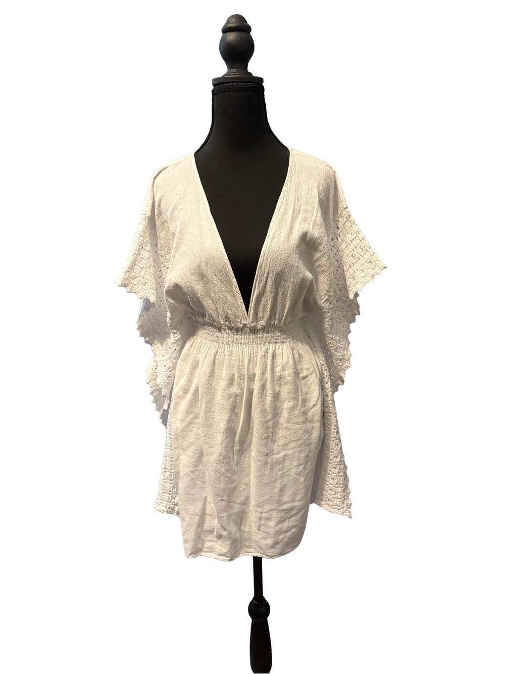 White V-Neck Smocked-Waist Swim Coverup with Lace Sleeves